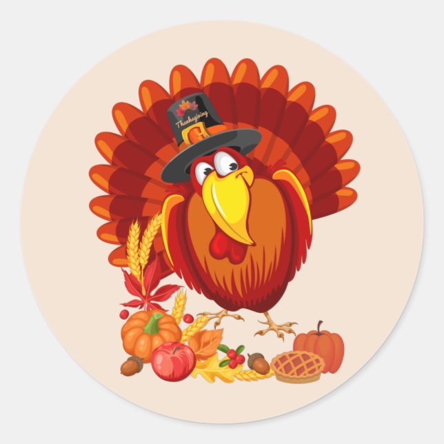 Sticker Rond Cute Thanksgiving Turquie et récolte d'automne (Devant)
