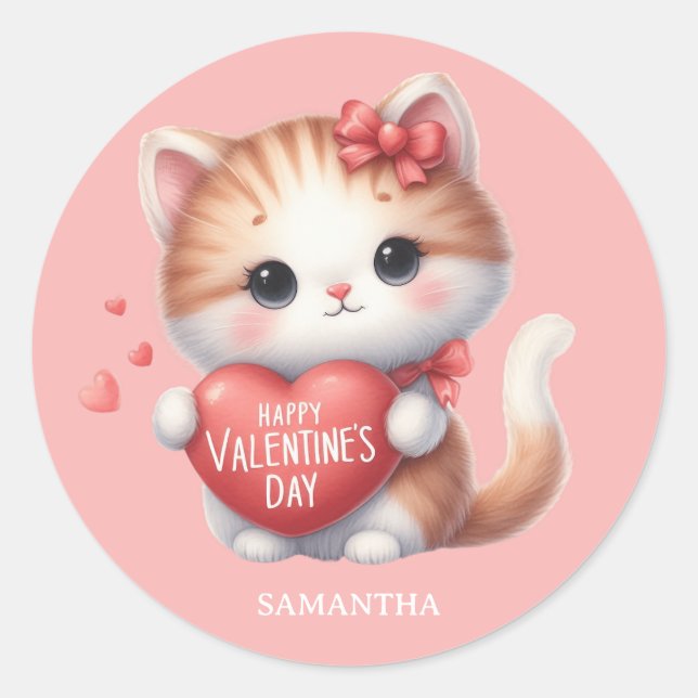 Sticker Rond Cute Tiger Chat Red Heart Heureuse Sainte-Valentin (Devant)