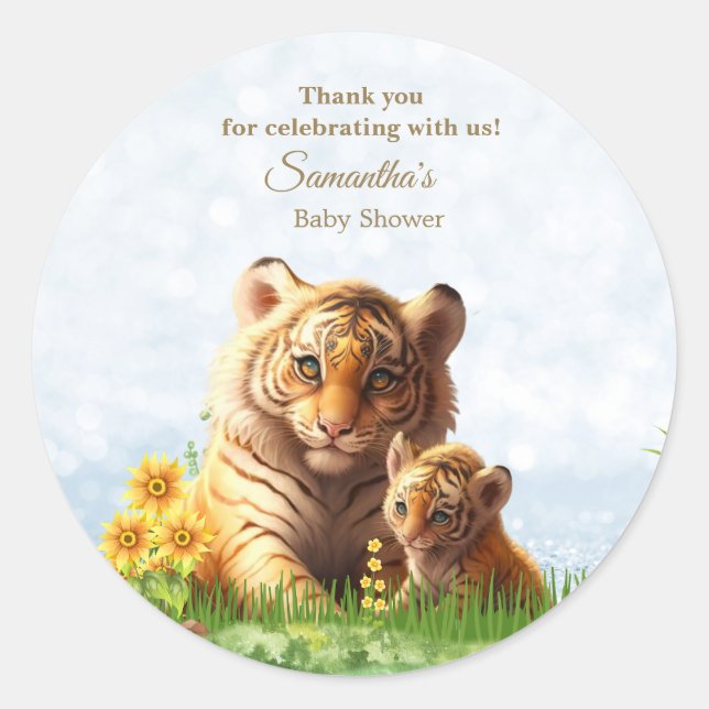 Sticker Rond Cute Tiger Maman Baby shower Floral Aquarelle (Devant)