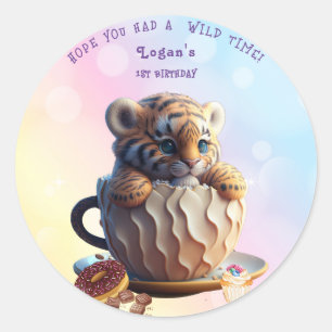 Sticker Rond Cute Tiger Safari Animal fête d'anniversaire