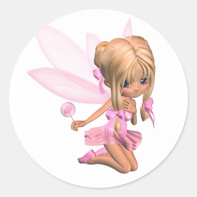 Sticker Rond Cute Toon Ballerina Fée en rose - agenouillement (Devant)