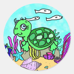 Sticker Rond Cute Tropical Turtle Océan
