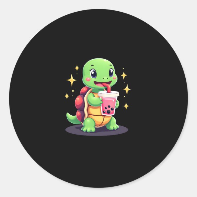 Sticker Rond Cute turtle drinking boba. Funny Boba Turtles Love (Devant)