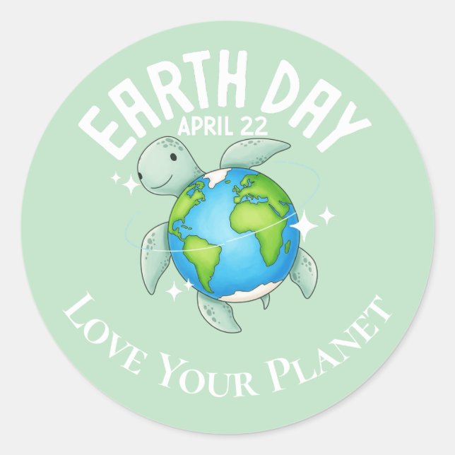 Sticker Rond Cute Turtle Earth Day Nature Eco Custom (Devant)