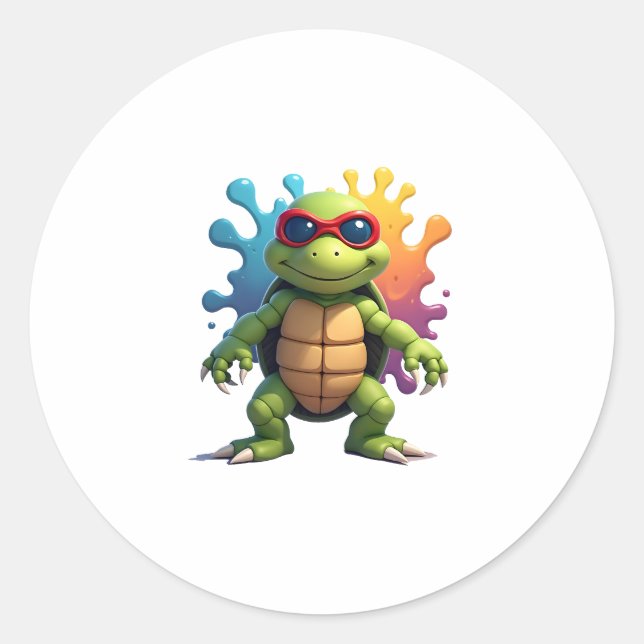 Sticker Rond Cute Turtle Wearing Sunglasses Paint Splash Sea An (Devant)
