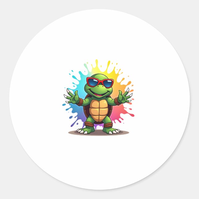 Sticker Rond Cute Turtle Wearing Sunglasses Paint Splash Sea An (Devant)