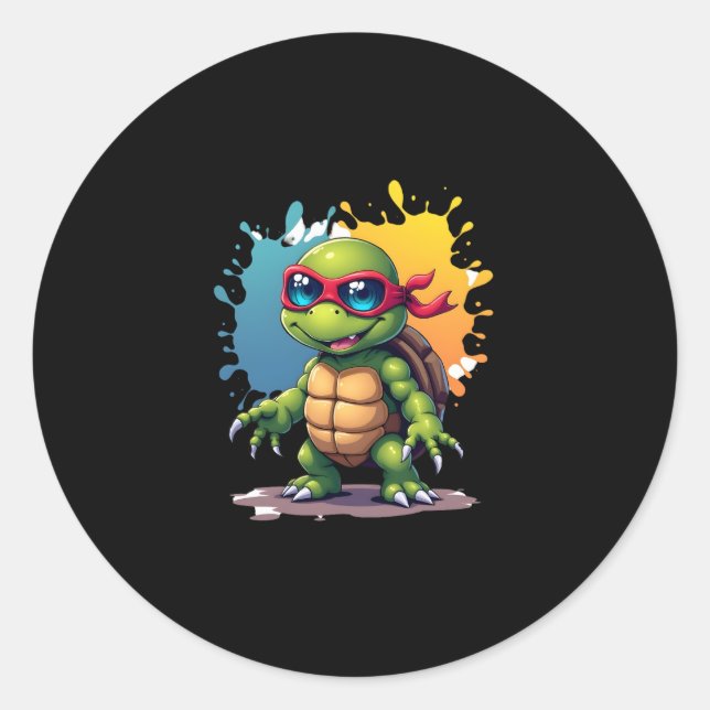 Sticker Rond Cute Turtle Wearing Sunglasses Paint Splash Sea An (Devant)