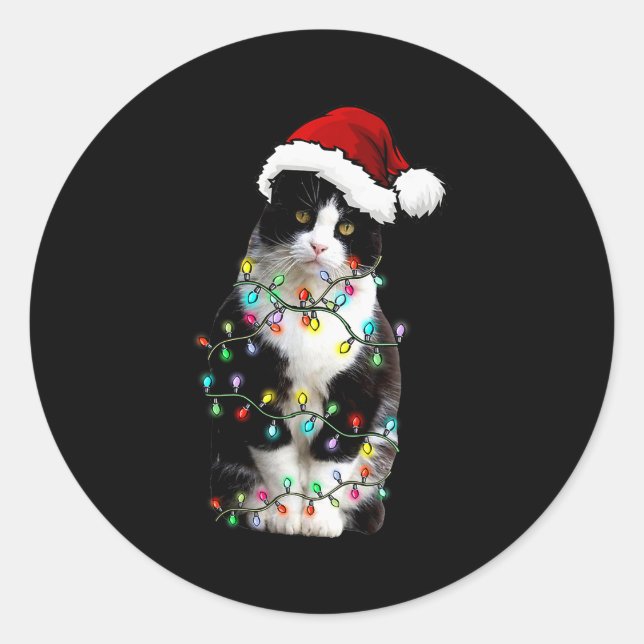 Sticker Rond Cute Tuxedo Black Cat Christmas Light Cat Christma (Devant)