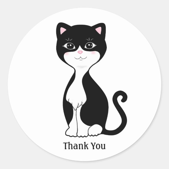 Sticker Rond Cute Tuxedo Chat Cartoon Merci (Devant)