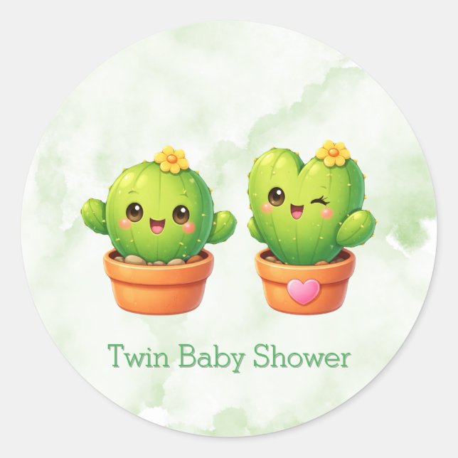 Sticker Rond Cute Twin Cactus Baby Shower (Devant)