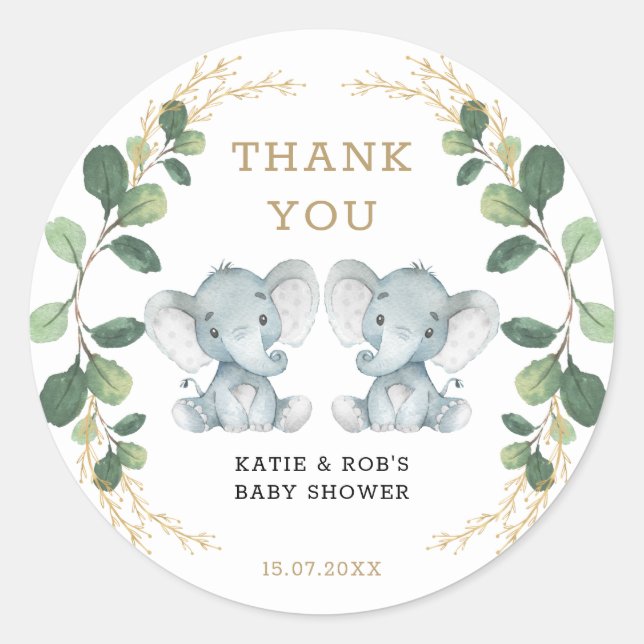 Sticker Rond Cute Twin Elephant Babies Verdure Gold Foliing (Devant)