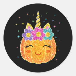 Sticker Rond Cute Unicorn Citrouille Halloween Thanksgiving