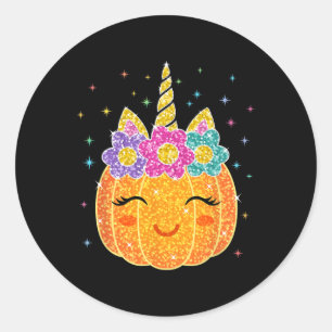 Sticker Rond Cute Unicorn Citrouille Halloween Thanksgiving