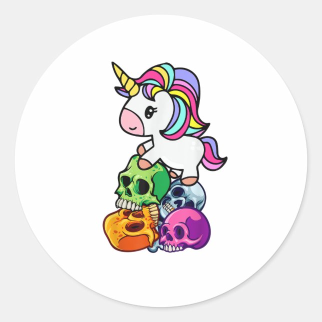 Sticker Rond Cute Unicorn & Crânes Morts. Drôle Goth Emo Hallow (Devant)