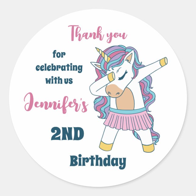 Sticker Rond Cute Unicorn Dabbing Girls Anniversaire Fête Favor (Devant)