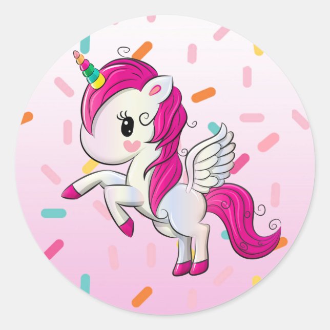Sticker Rond Cute Unicorn et bonbons arrosées (Devant)