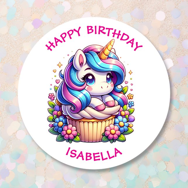 Sticker Rond Cute Unicorn et Cupcake Anniversaire personnalisé (Créateur téléchargé)