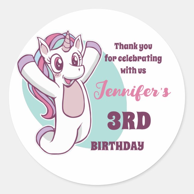 Sticker Rond Cute Unicorn Fille Anniversaire de enfant Fête Fav (Devant)