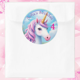 Sticker Rond Cute Unicorn Girl' Rainbow Birthday Favoriser Big