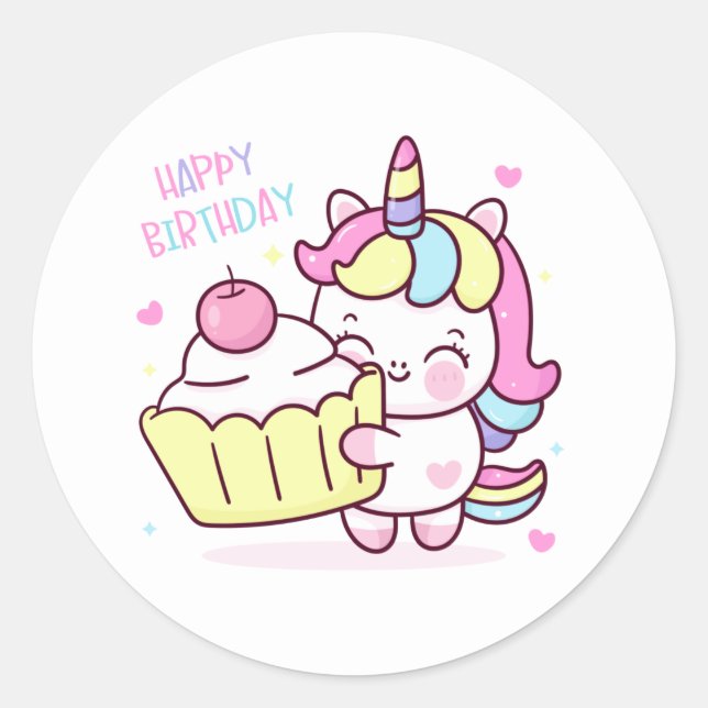 Sticker Rond Cute Unicorn Joyeux gâteau d'anniversaire (Devant)