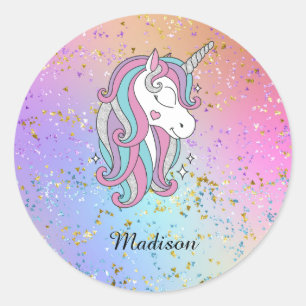 Sticker Rond Cute Unicorn Ombre Rainbow Parties scintillant Spa