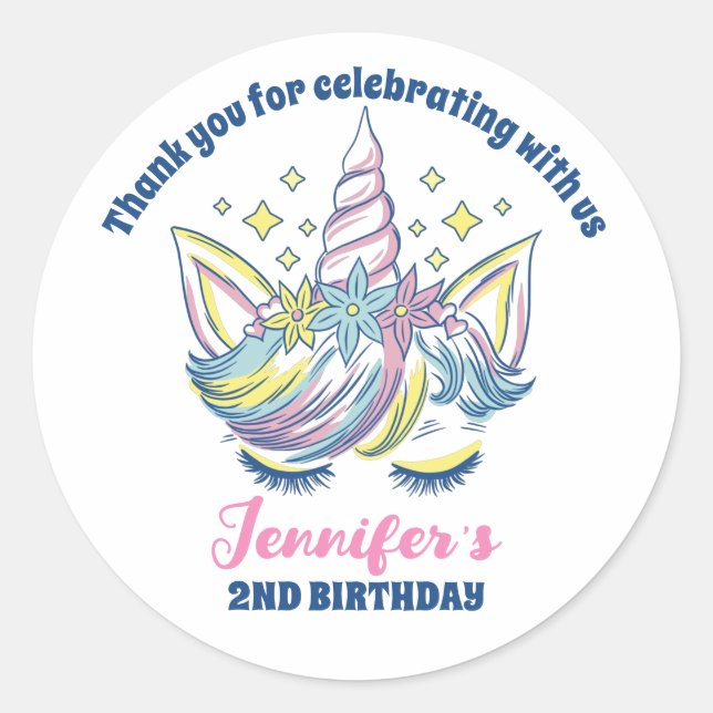 Sticker Rond Cute Unicorn Princess Girls Anniversaire Fête Favo (Devant)