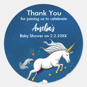 Sticker Rond Cute Unicorn Qui Traverse Le Ciel   BABY SHOWER