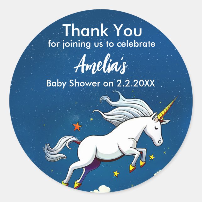 Sticker Rond Cute Unicorn Qui Traverse Le Ciel | BABY SHOWER (Devant)