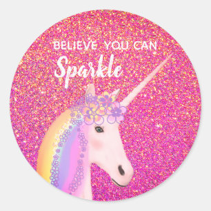 Sticker Rond Cute Unicorn rose or Parties scintillant étincelan