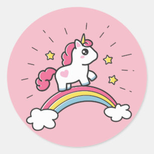 Sticker Rond Cute Unicorn Sur Un Arc En Ciel