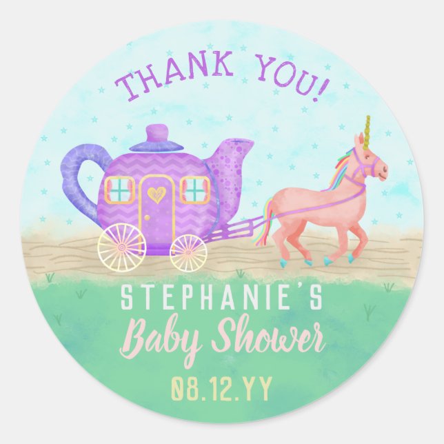 Sticker Rond Cute Unicorn Tea Party Baby shower Merci (Devant)