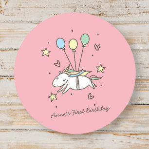 Sticker Rond Cute Unicorn volant sur des ballons Anniversaire