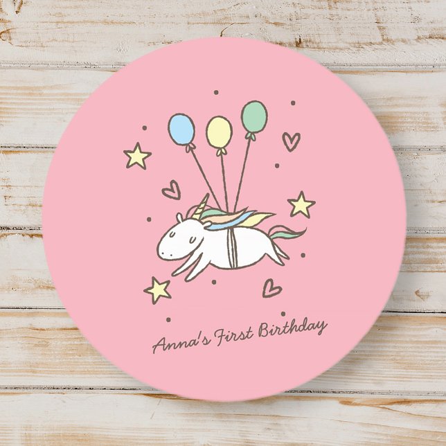 Sticker Rond Cute Unicorn volant sur des ballons Anniversaire (Créateur téléchargé)