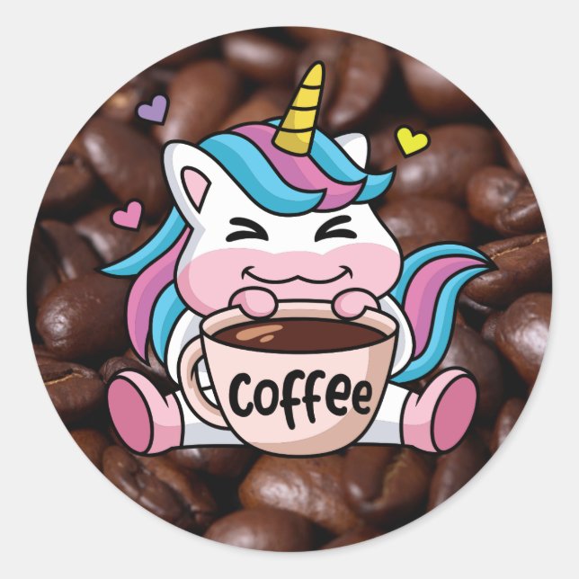 Sticker Rond Cute Unicorne avec café (Devant)