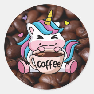 Sticker Rond Cute Unicorne avec café