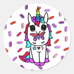 Sticker Rond Cute Unicorne avec Papillon sur le nez Bonbon saup