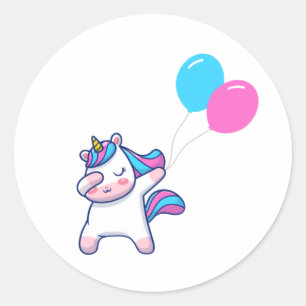 Sticker Rond Cute Unicorne Dabbing Avec Ballons