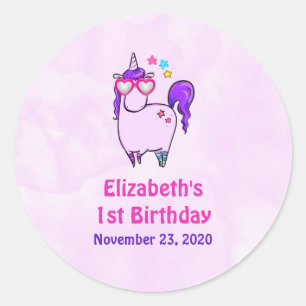 Sticker Rond Cute Unicorne dans les lunettes en forme de coeur 