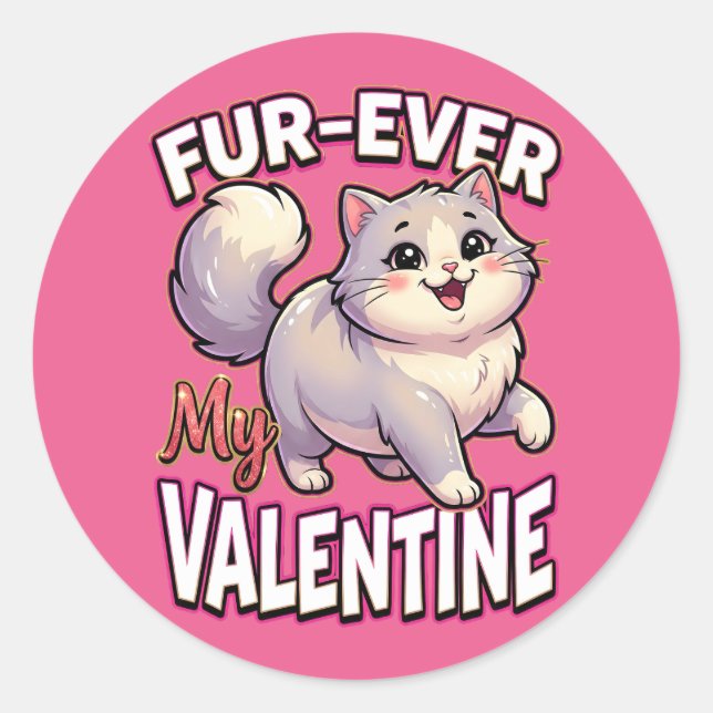 Sticker Rond Cute Valentine Cat – Fur-Ever My Valentine (Devant)