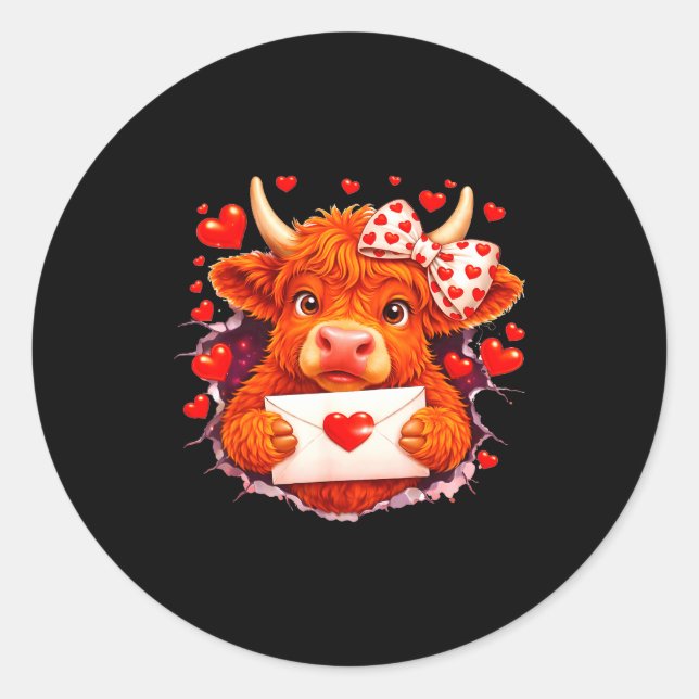 Sticker Rond Cute Valentine Highland Cow With Heart Bow Western (Devant)