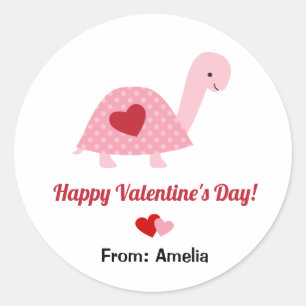 Sticker Rond Cute Valentine's Day Turtle and Hearts (Rouge rose