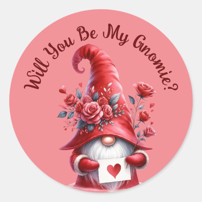 Sticker Rond Cute Valentines Gnome avec des cœurs et des roses  (Devant)