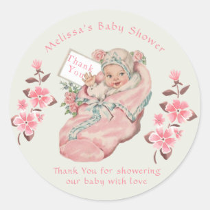 Sticker Rond Cute Vintage bébé fille Baby shower en boîte rose