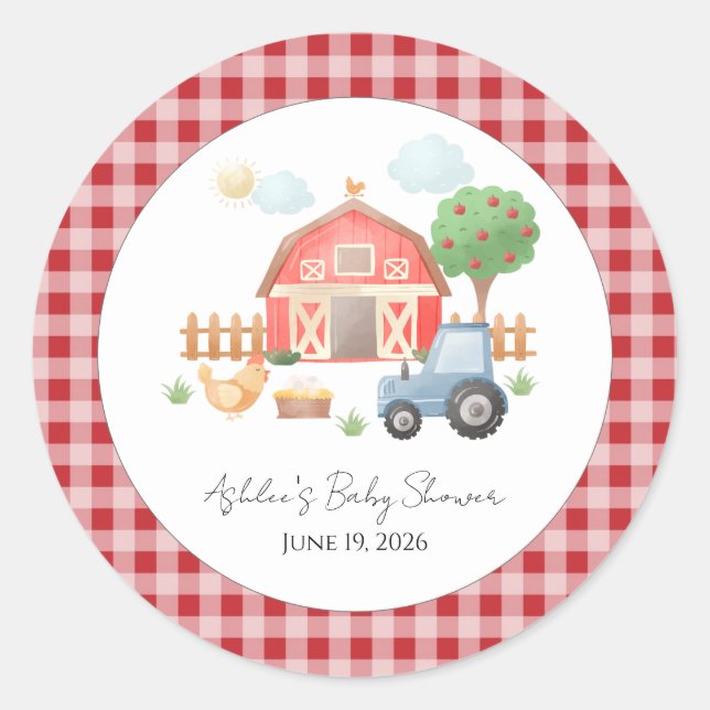 Sticker Rond Cute Watercolor Barn Farm Animals Baby Shower (Devant)