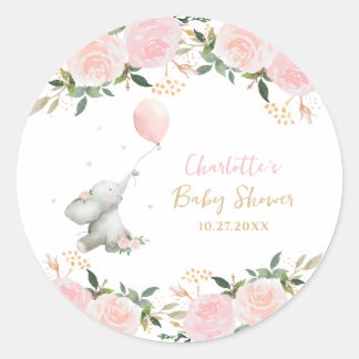 Sticker Rond Cute Watercolor Elephant Floral Girl Baby Shower