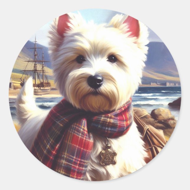 Sticker Rond Cute West Highland Peinture de Terrier blanc (Devant)