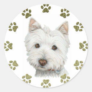 Sticker Rond Cute West Highland White Terrier Dog and Paws
