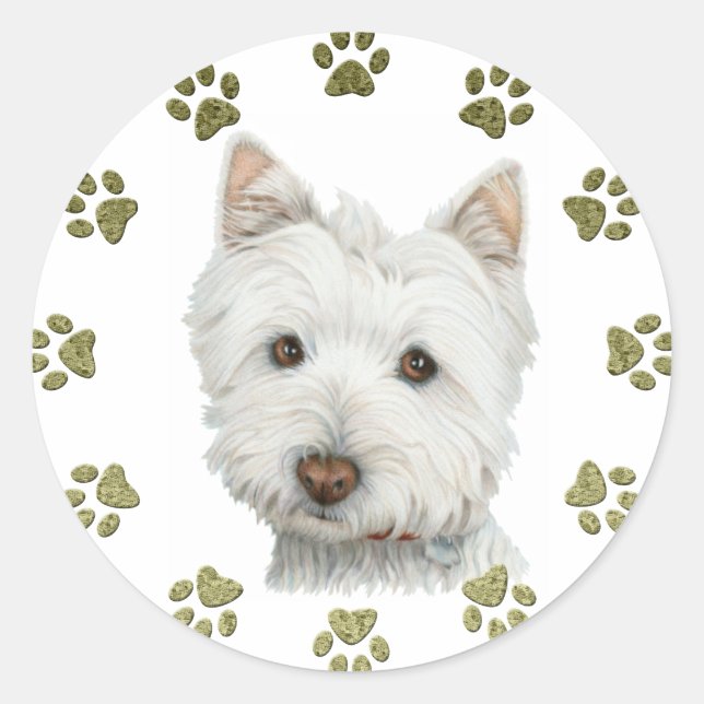 Sticker Rond Cute West Highland White Terrier Dog and Paws (Devant)
