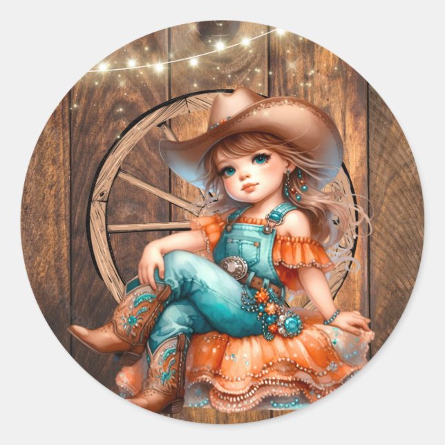 Sticker Rond Cute Western Cowgirl fête d'anniversaire (Devant)
