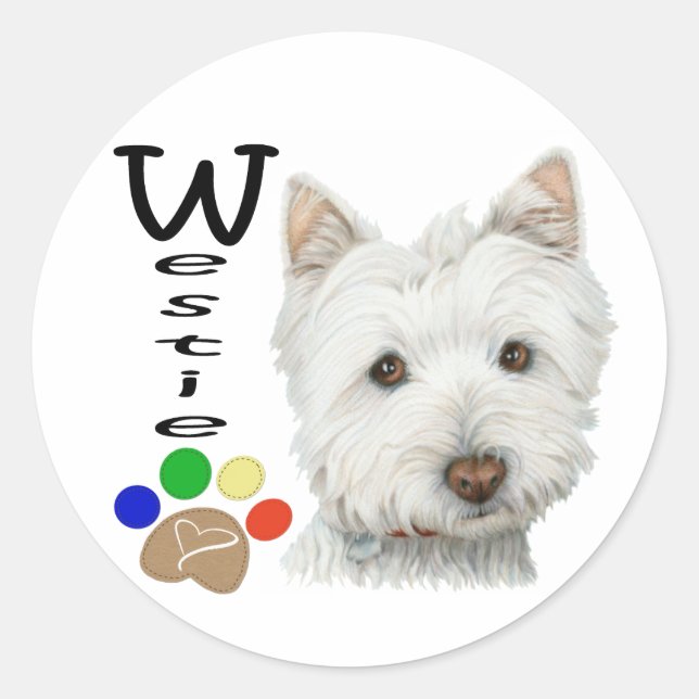 Sticker Rond Cute Westie Chien et Paw Art (Devant)